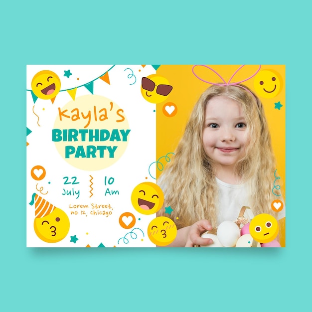 Modele D Invitation D Anniversaire Emoji Avec Photo Vecteur Gratuite