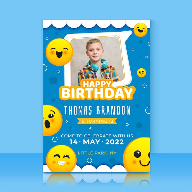 Modele D Invitation D Anniversaire Emoji Avec Photo Vecteur Gratuite