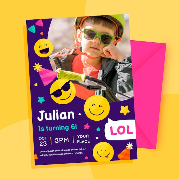 Modele D Invitation D Anniversaire Emoji Avec Photo Vecteur Gratuite