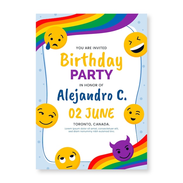 Modele D Invitation D Anniversaire Emoji Plat Vecteur Gratuite