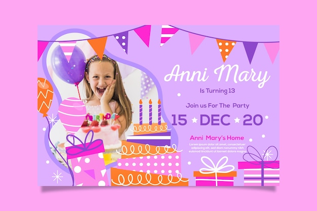 Modele D Invitation D Anniversaire De Fille Avec Photo Vecteur Gratuite