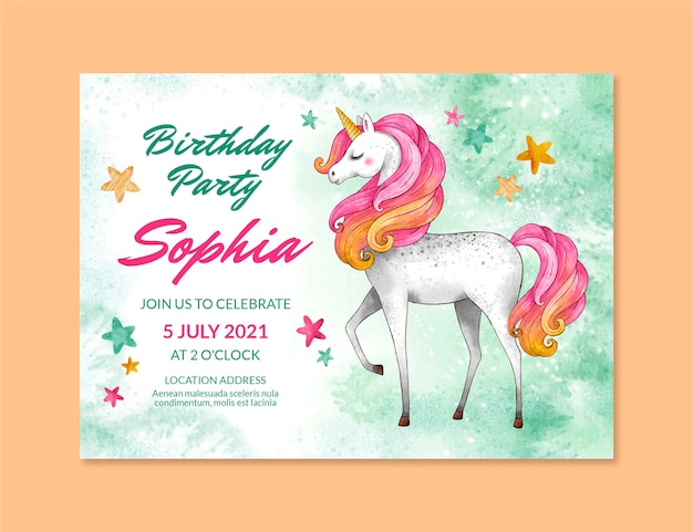 Modele D Invitation D Anniversaire De Licorne Aquarelle Peinte A La Main Vecteur Gratuite