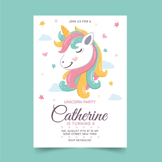 Modele D Invitation D Anniversaire Licorne Dessine A La Main Vecteur Gratuite