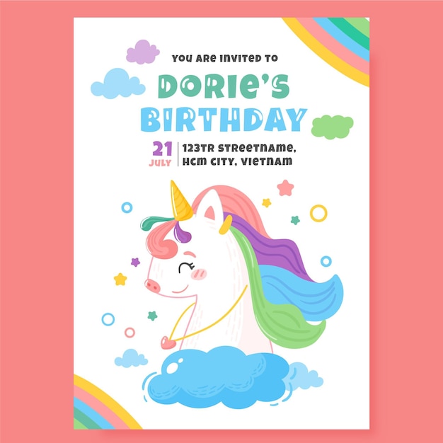 Modele D Invitation D Anniversaire Licorne Dessine A La Main Vecteur Gratuite