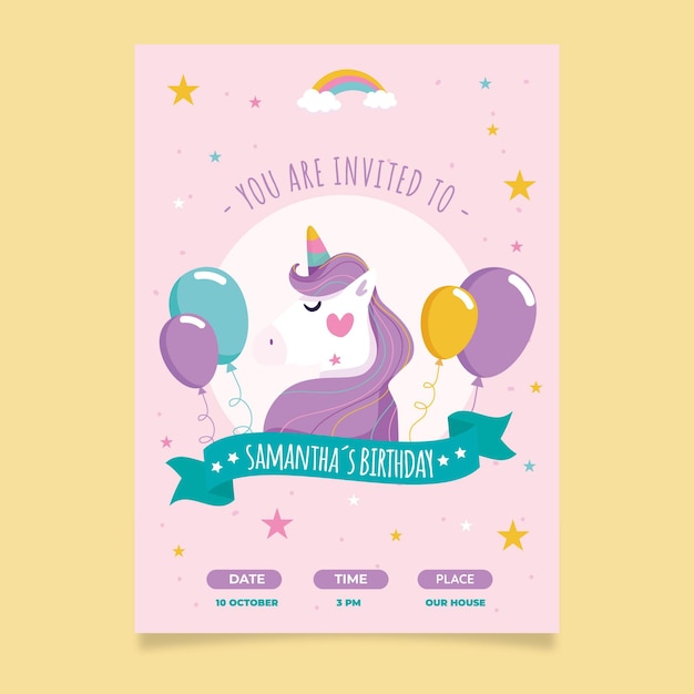 Modele D Invitation D Anniversaire Licorne Plate Vecteur Gratuite