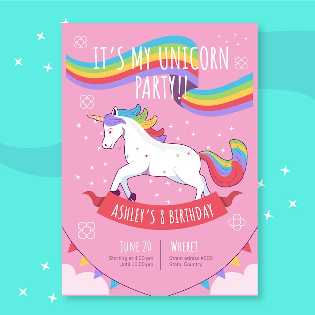 Modele D Invitation D Anniversaire Licorne Plate Vecteur Gratuite