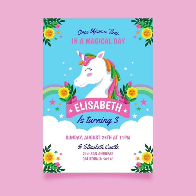 Modele D Invitation D Anniversaire Licorne Plate Vecteur Gratuite