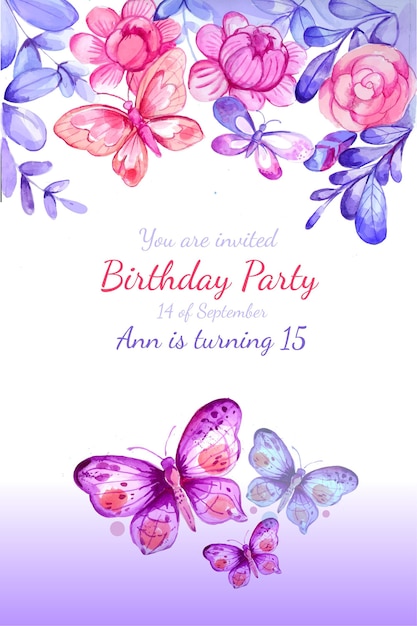 Modele D Invitation D Anniversaire Papillon Aquarelle Peint A La Main Vecteur Gratuite