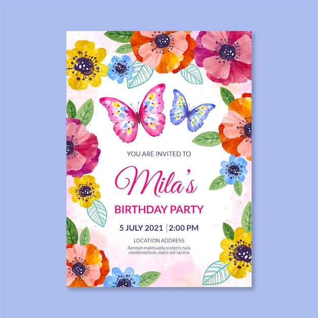 Modele D Invitation D Anniversaire Papillon Aquarelle Peint A La Main Vecteur Gratuite