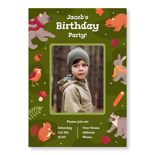 Modele D Invitation D Anniversaire Avec Photo Et Animaux De La Foret Vecteur Gratuite