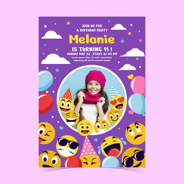 Modele D Invitation D Anniversaire Plat Emoji Avec Photo Vecteur Gratuite