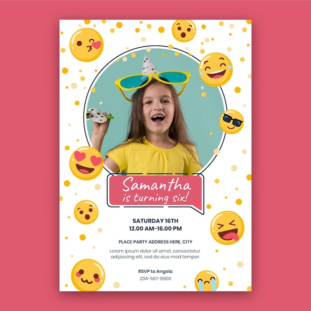 Modele D Invitation D Anniversaire Plat Emoji Avec Photo Vecteur Gratuite