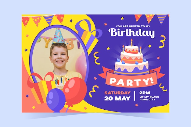 Modele D Invitation D Anniversaire Pour Enfants Avec Photo Vecteur Gratuite