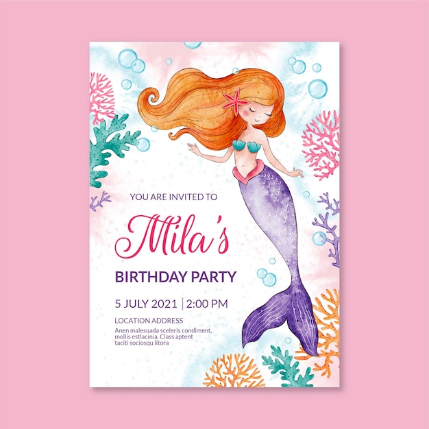 Modele D Invitation D Anniversaire De Sirene Aquarelle Peinte A La Main Vecteur Gratuite