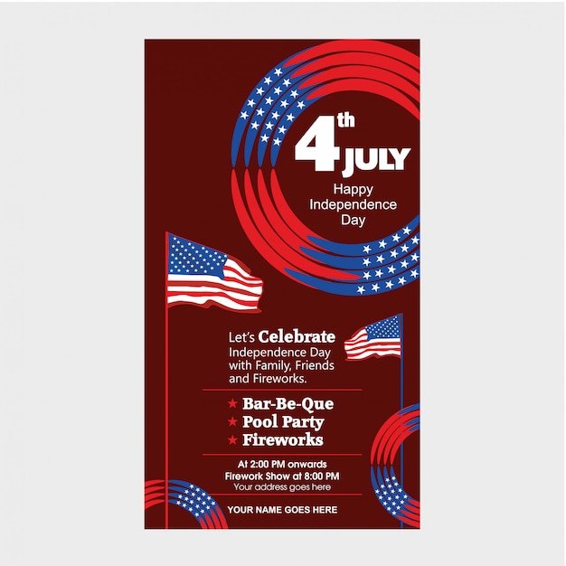 Modèle d'invitation du jour de l'indépendance des états-unis du 4 juillet avec spectacle aérien, défilé de vélos et attraction de feux d'artifice. Vecteur Premium