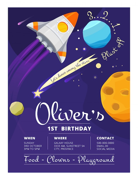 Modele D Invitation De Fete D Anniversaire Avec Theme Espace Et Galaxie Vecteur Premium