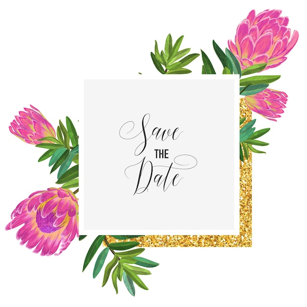 Modele D Invitation De Mariage Avec Des Fleurs De Protea Roses Et Un Cadre Dore Enregistrez