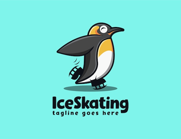 Modele De Logo De Dessin Anime Amusant Pingouin Patinage Mascotte Vecteur Premium