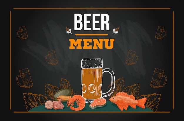 Modèle de menu de bière dans le style de croquis dessinés à la main sur le tableau Vecteur Premium