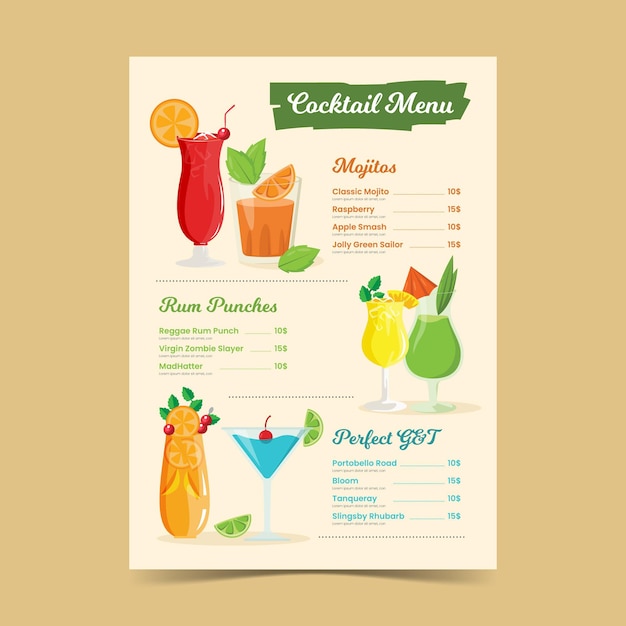 Modele De Menu De Cocktails Dessines A La Main Vecteur Gratuite