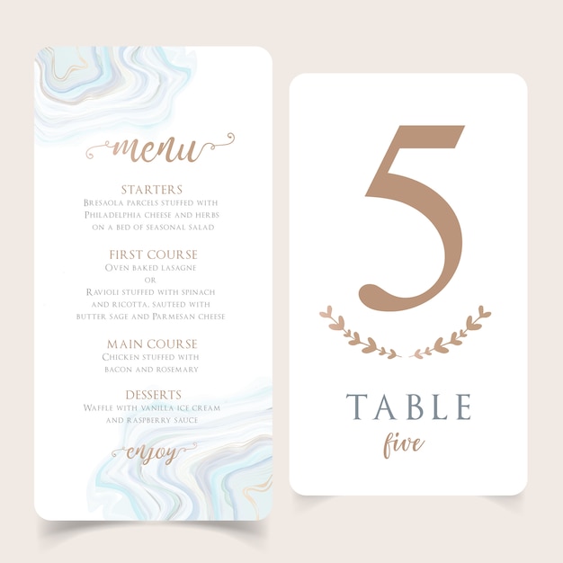 Modèle de menu éditable de menthe avec carte de numéro de table Vecteur Premium