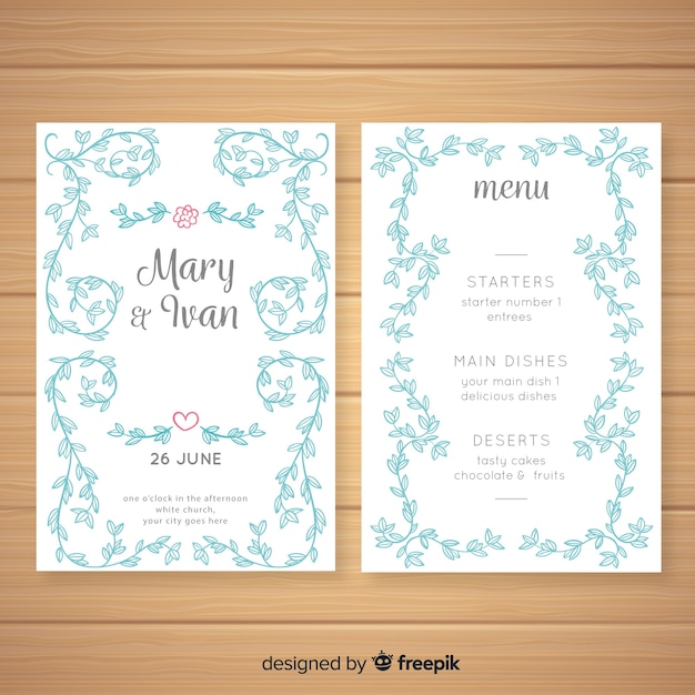 Modèle de menu de mariage dessiné à la main Vecteur gratuit