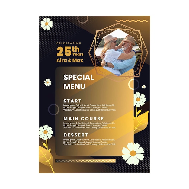 Modele De Menu Vertical Pour Vingt Cinq Ans D Anniversaire Avec Des Fleurs Vecteur Gratuite