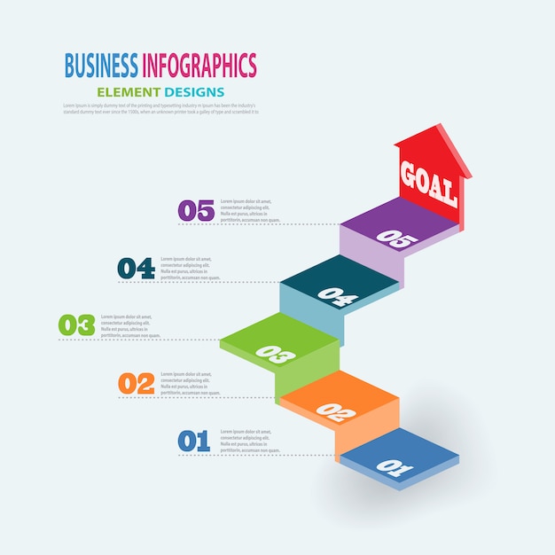 Modèle métier infographie - escaliers 3d avec marches fléchées pour présentation, prévisions de vente, design web, améliorations, étape par étape Vecteur Premium
