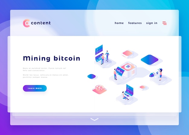 Modèle de page d'atterrissage pour les gens de bureau de l'exploitation bitcoin mining et interagir avec les ordinateurs illustration vectorielle Vecteur Premium