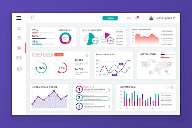 Modèle de panneau d'administration de tableau de bord avec des éléments infographiques Vecteur Premium