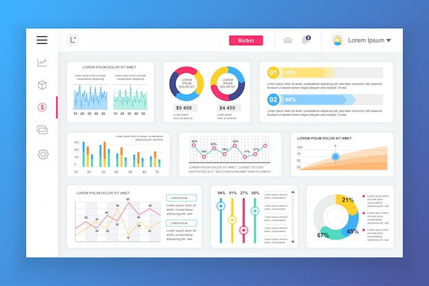 Modèle de panneau d'administration de tableau de bord avec des éléments infographiques Vecteur Premium