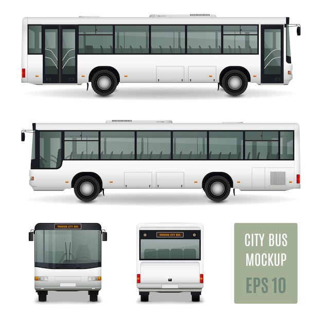 Modèle de publicité réaliste de bus de ville moderne vue de côté avant et arrière sur illustration vectorielle fond blanc isolé Vecteur gratuit