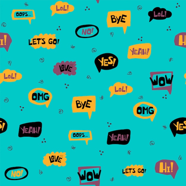 Modèle sans couture avec des bulles dessinées à la main avec des phrases courtes manuscrites oui, au revoir, omg, wow, salut, lol, amour, oups, no. vecteur Vecteur Premium
