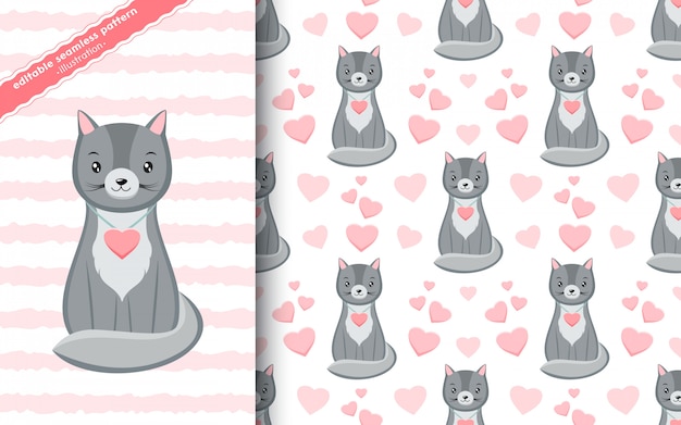 Modele Sans Couture Avec Des Chatons Gris Kawaii Mignons Avec Des Coeurs Roses En Style Cartoon Texture De Saint Valentin Dessine A La Main Vecteur Premium