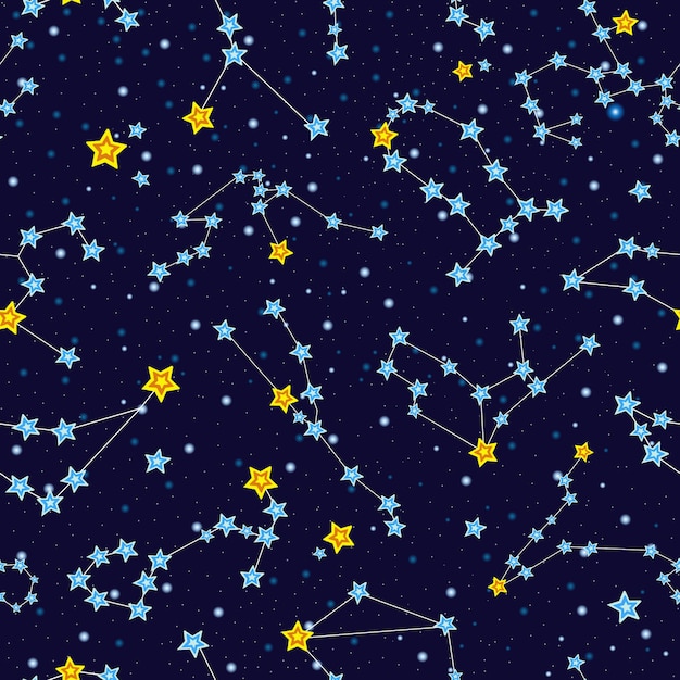 Modele Sans Couture Avec Les Constellations Du Zodiaque Dessin Anime Dans Le Ciel Etoile Vecteur Premium