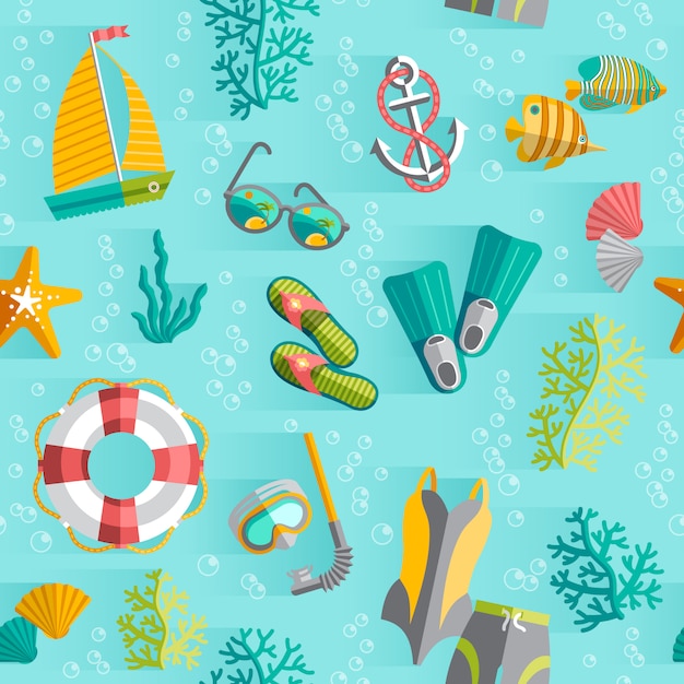 Modèle sans couture de papier wrap souvenir île tropicale avec maillot de bain et tuba plongée Vecteur gratuit