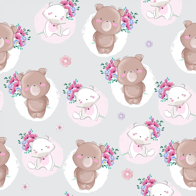 Modèle sans couture petit ours et chat Vecteur Premium