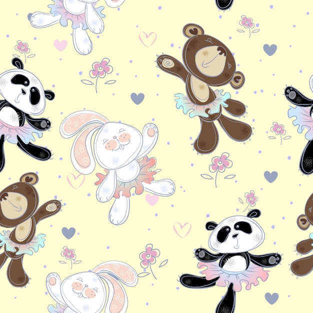 Modèle sans couture avec des petits animaux mignons. le lapin l'ours et le panda. ballerines Vecteur Premium