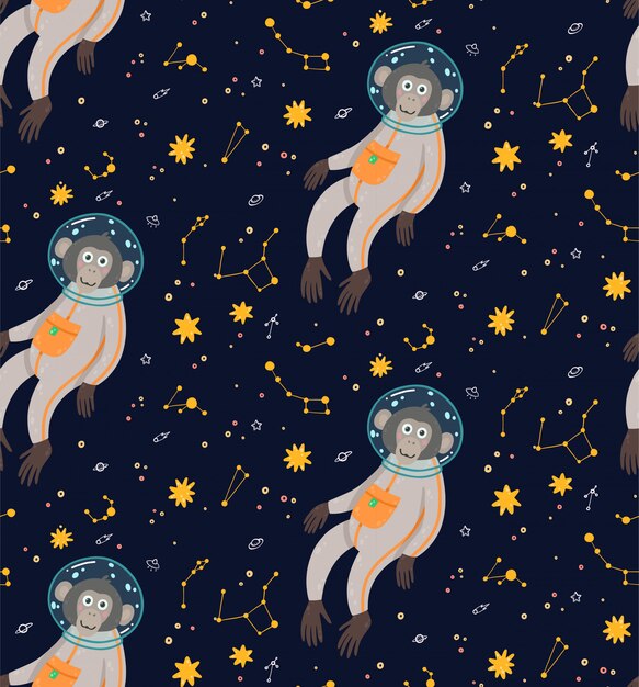 Modèle sans couture avec singe mignon dans l'espace. illustration vectorielle pour enfants drôles. singe dans le cosmos entouré d'étoiles. Vecteur Premium