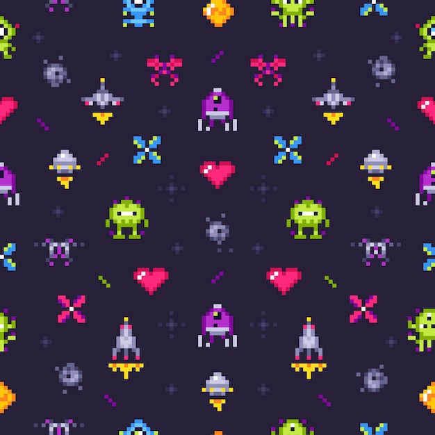 Modèle Sans Couture De Vieux Jeux. Jeux Rétro, Jeu Vidéo Pixels Et Arcade Pixel Art Vecteur Premium
