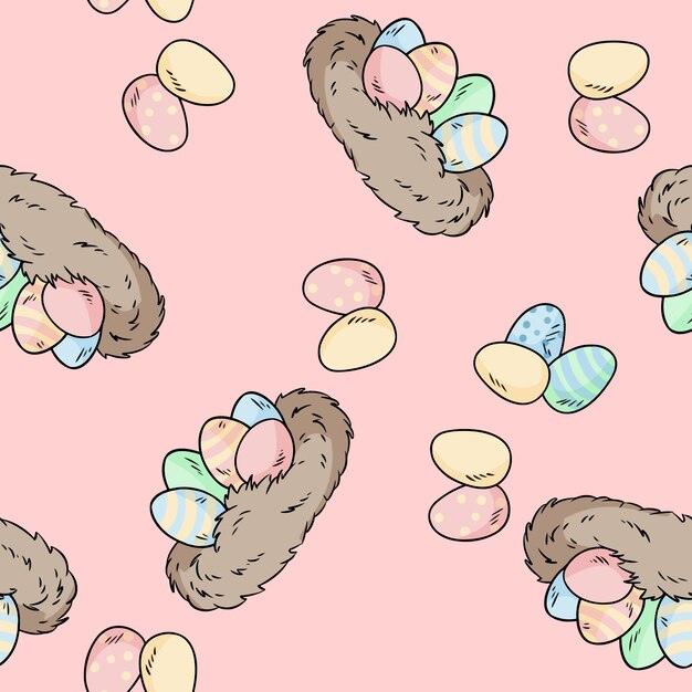 Modèle seamless vector avec nids d'oiseaux dessinés à la main avec des oeufs de pâques Vecteur Premium