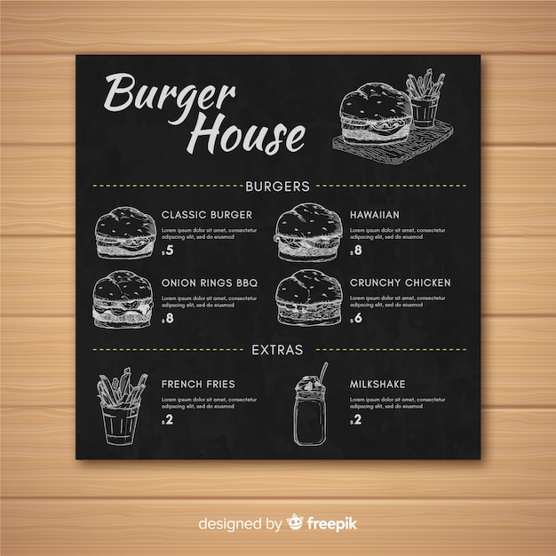 Modèle De Style Rétro Menu Restaurant Burger Sur Tableau Noir Vecteur gratuit