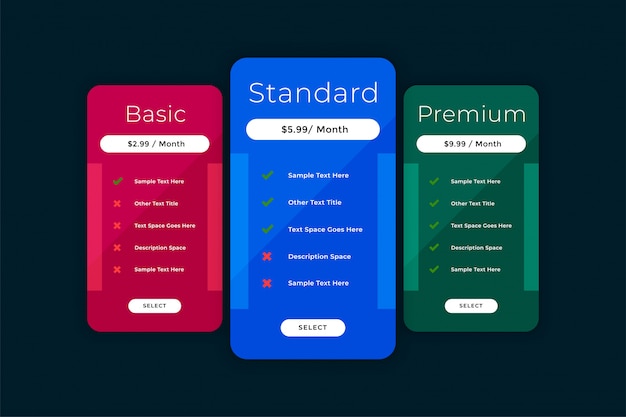 Modèle De Tableau De Comparaison Des Tableaux De Prix Du Site Web | Vecteur Gratuite