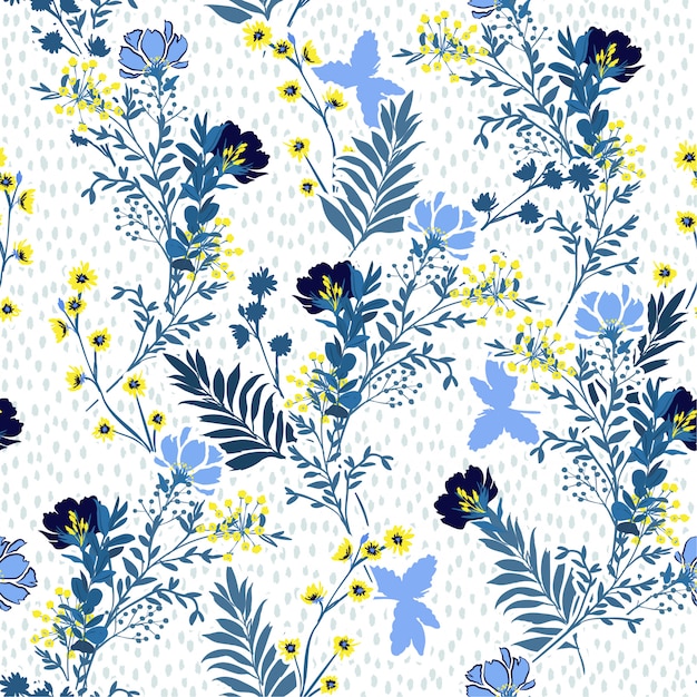 Modèle vectorielle continue illustration vectorielle d'une main dessinée fleurs et feuilles de prairie bleue et jaune. Vecteur Premium