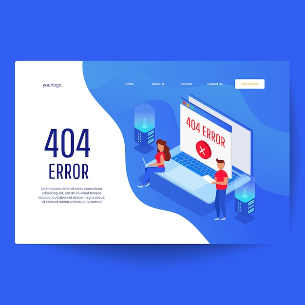 Modèle web de page de destination. erreur de page web 404 avec les serveurs et le bureau Vecteur Premium