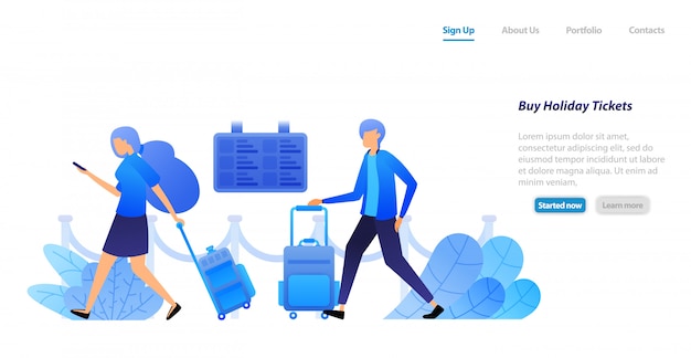 Modèle web de page de destination. les gens ont des valises en attente et font la queue pour acheter des billets de vols pour des vacances et des visites. Vecteur Premium