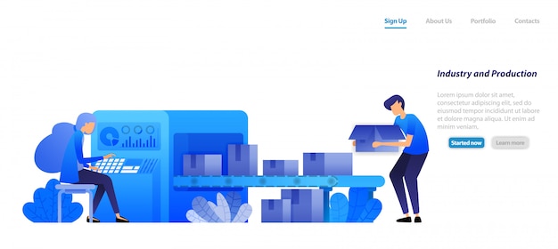 Modèle Web De Page De Destination. Industrie De La Machine 4.0 Et Production En Usine, Les Boîtes D’envoi De Moteur De Courroies Transporteuses Sont Actionnées Par Une Femme. Vecteur Premium