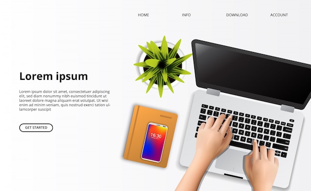 Modèle web de page de destination. main en tapant sur l'ordinateur portable avec vue de dessus de plante et ordinateur portable sur le bureau Vecteur Premium