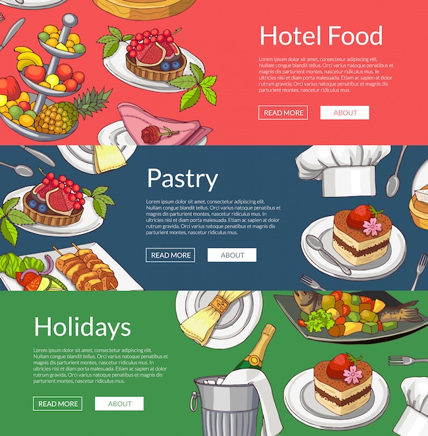 Modèles de bannière web avec éléments de service de restaurant ou de salle dessinés à la main Vecteur Premium