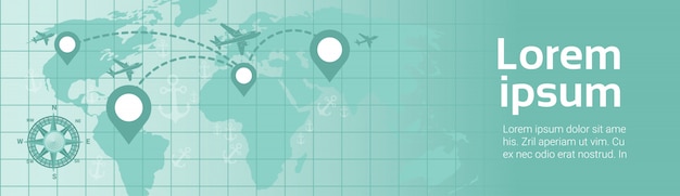 Monde voyage en avion modèle bannière avion survolez la carte de la terre avec des pointeurs de navigation planification d'itinéraires Vecteur Premium